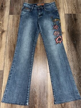 Vintage 90s DANIEL Original Design Embroidered Peacock Floral Jeans Size 3-4